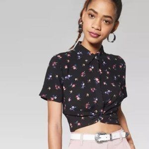 Short Sleeve Twist Front Floral Button-Down-79-109